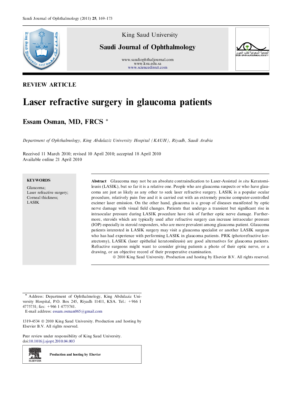 Laser refractive surgery in glaucoma patients