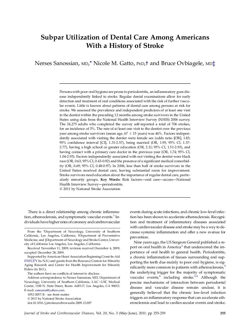 Subpar Utilization of Dental Care Among Americans With a History of Stroke 