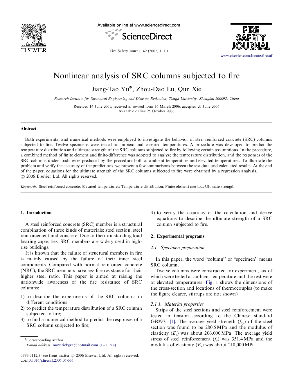 Nonlinear analysis of SRC columns subjected to fire