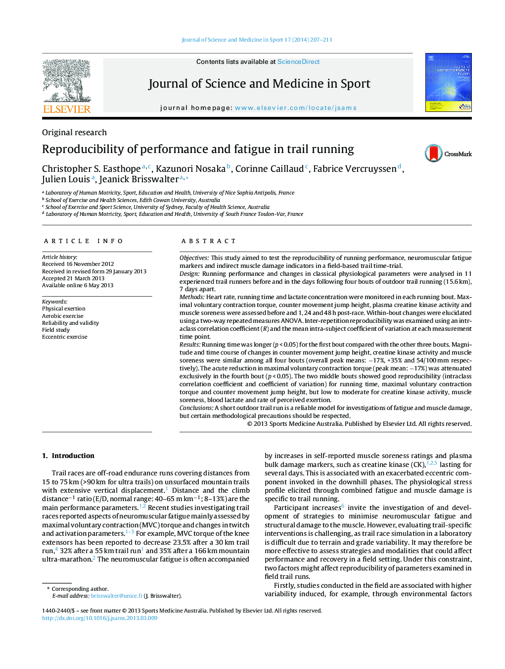 Reproducibility of performance and fatigue in trail running