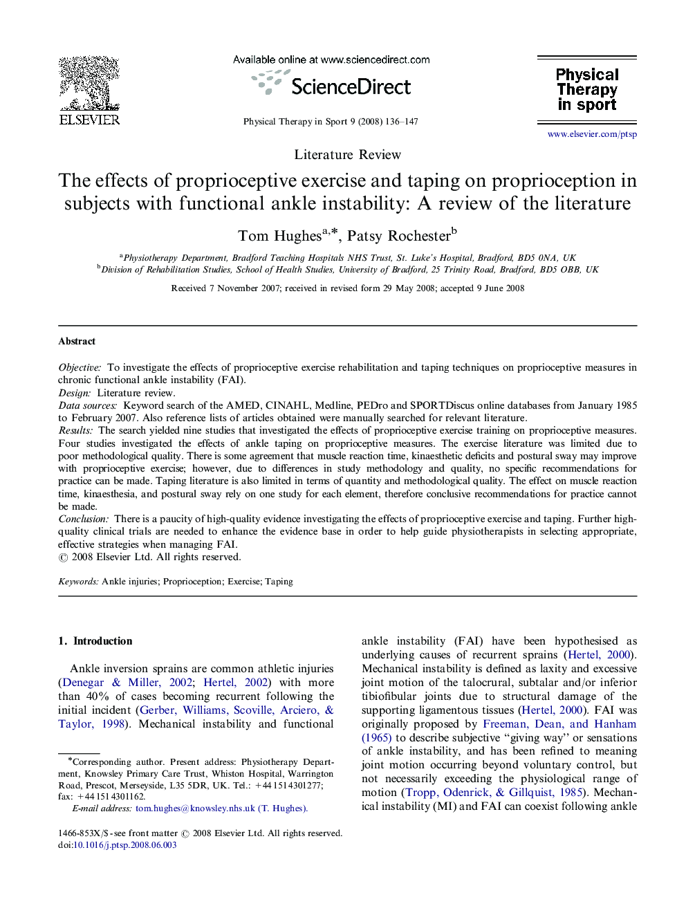 The effects of proprioceptive exercise and taping on proprioception in subjects with functional ankle instability: A review of the literature