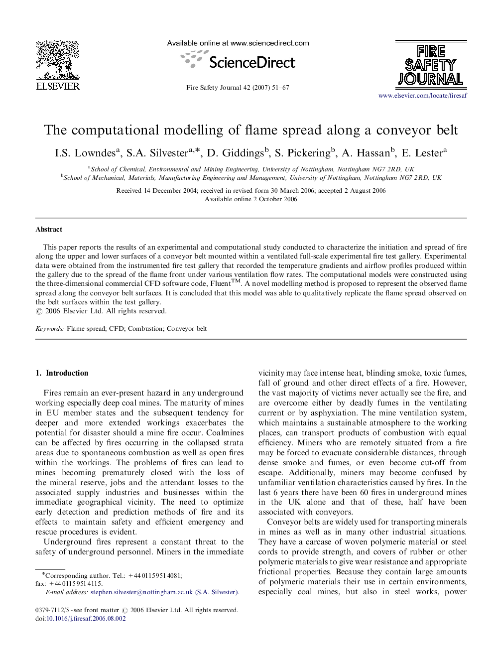 The computational modelling of flame spread along a conveyor belt