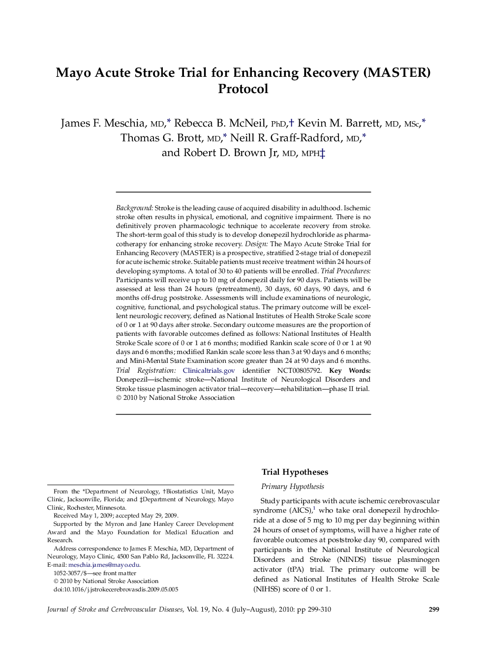 Mayo Acute Stroke Trial for Enhancing Recovery (MASTER) Protocol 