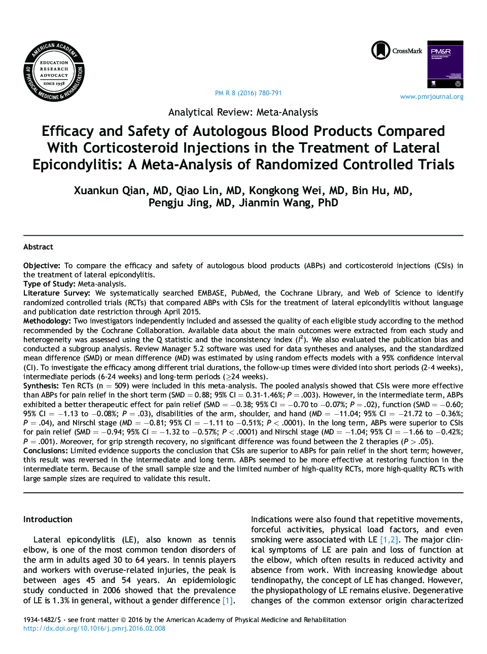 Efficacy and Safety of Autologous Blood Products Compared With Corticosteroid Injections in the Treatment of Lateral Epicondylitis: A Meta-Analysis of Randomized Controlled Trials