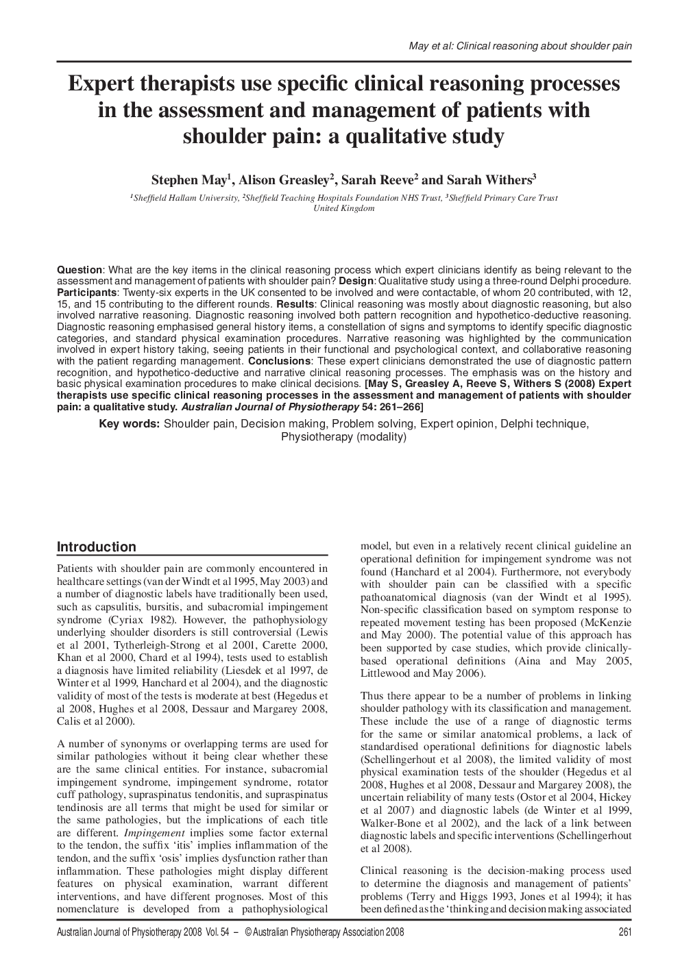 Expert therapists use specific clinical reasoning processes in the assessment and management of patients with shoulder pain: a qualitative study