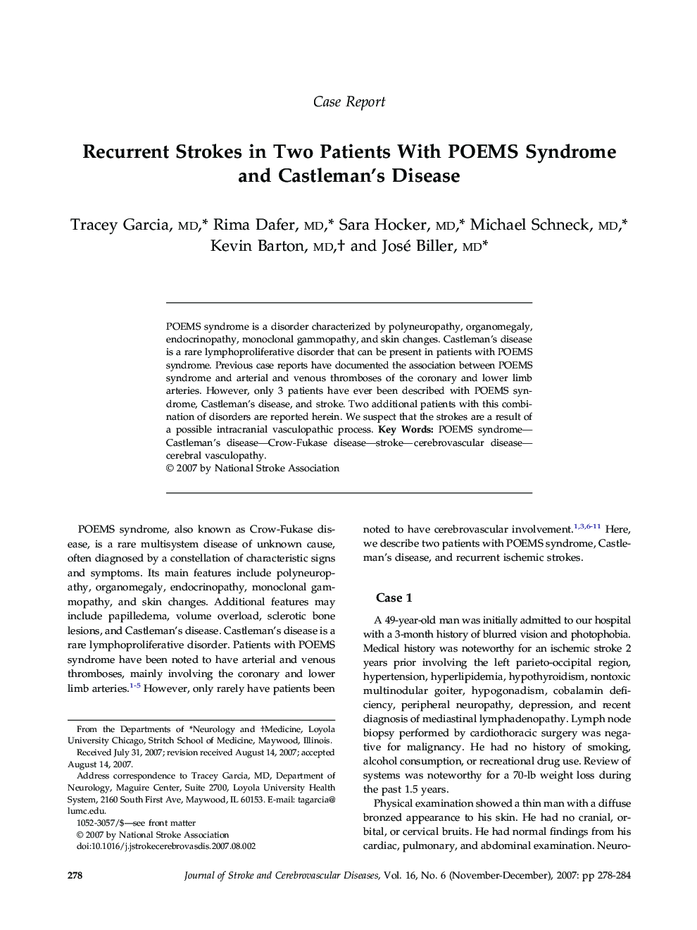 Recurrent Strokes in Two Patients With POEMS Syndrome and Castleman’s Disease