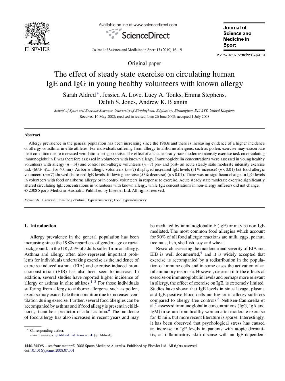 The effect of steady state exercise on circulating human IgE and IgG in young healthy volunteers with known allergy