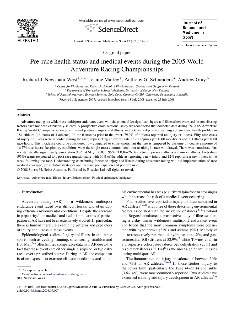 Pre-race health status and medical events during the 2005 World Adventure Racing Championships