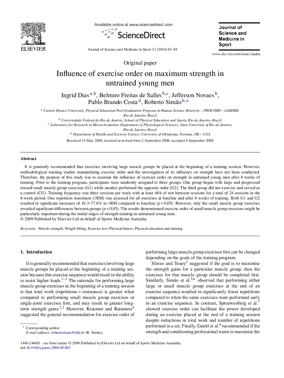 Influence of exercise order on maximum strength in untrained young men