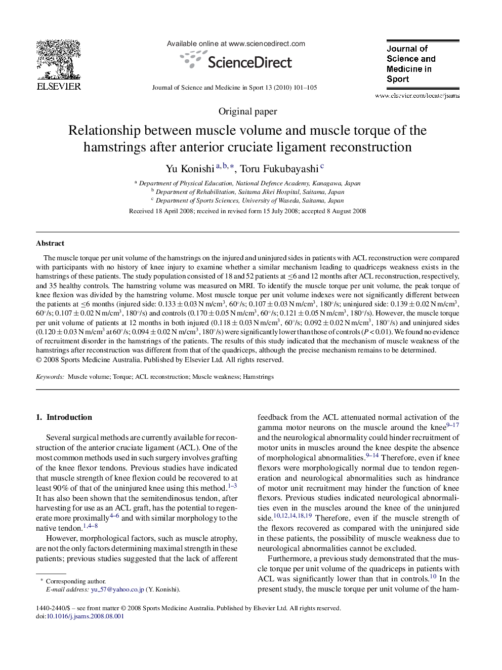 Relationship between muscle volume and muscle torque of the hamstrings after anterior cruciate ligament reconstruction