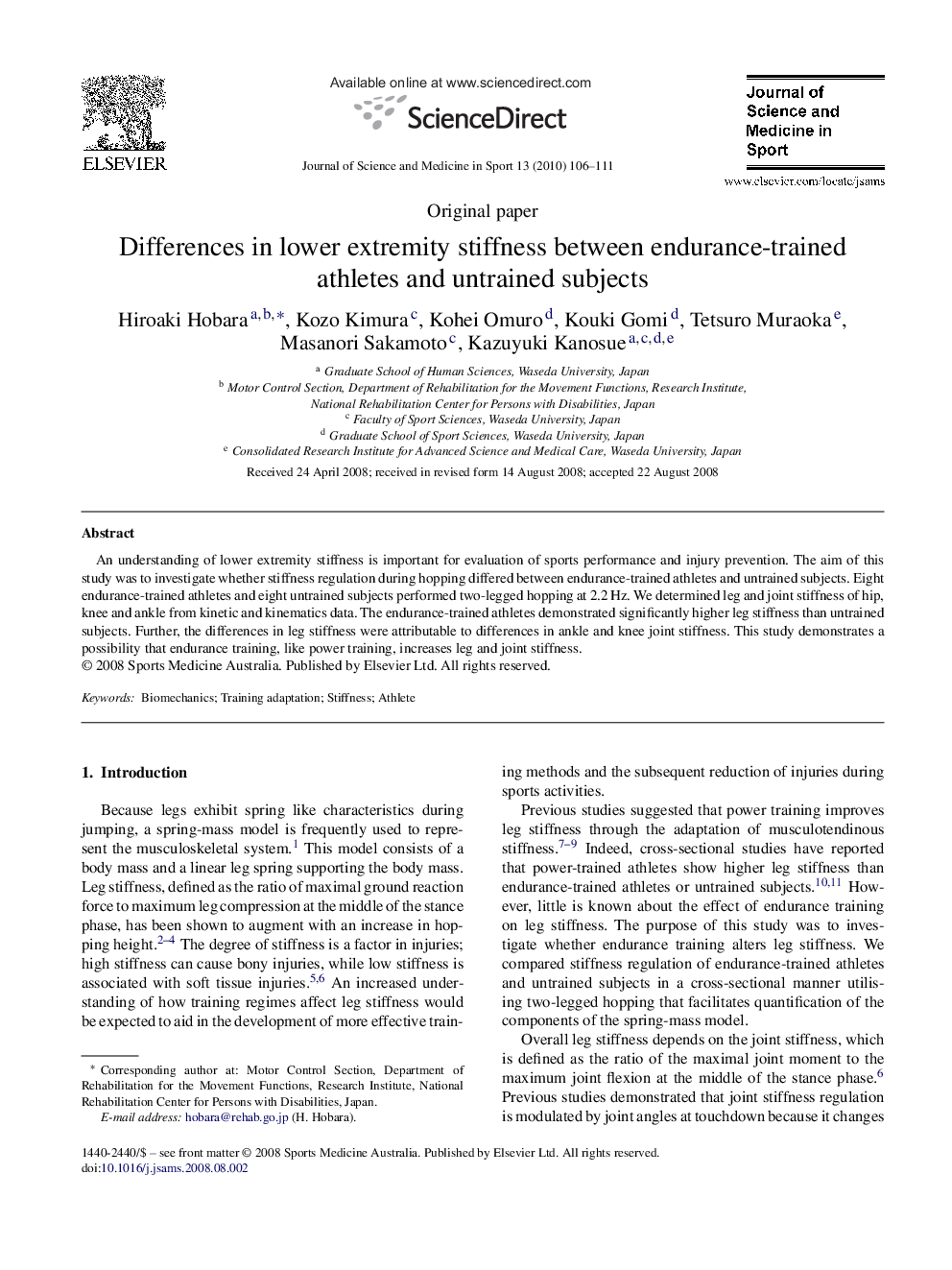 Differences in lower extremity stiffness between endurance-trained athletes and untrained subjects