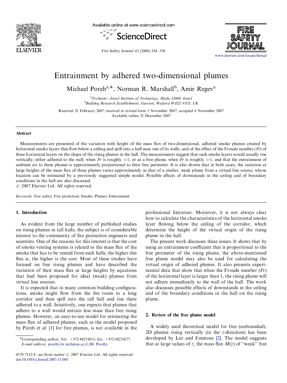 Entrainment by adhered two-dimensional plumes