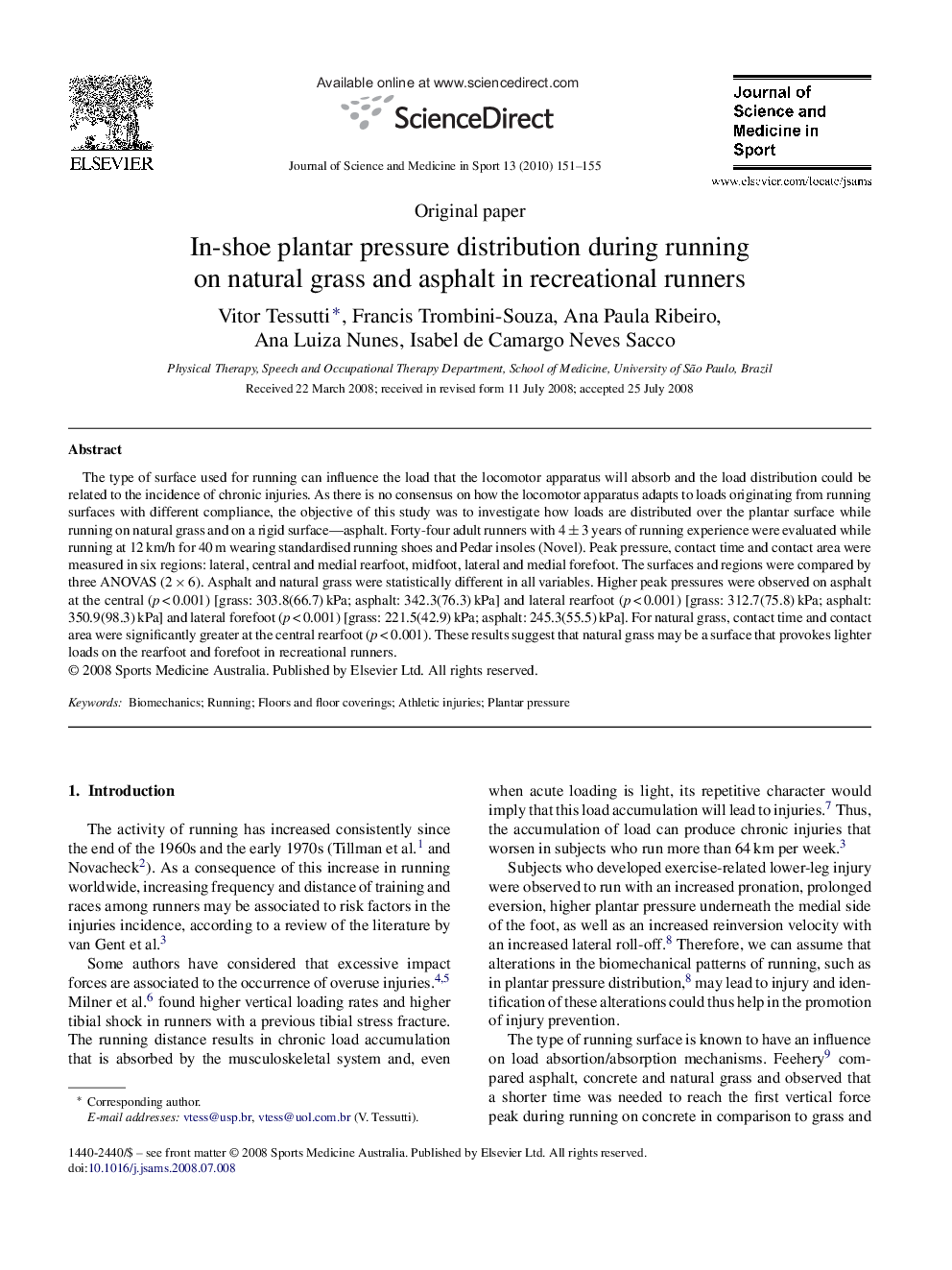 In-shoe plantar pressure distribution during running on natural grass and asphalt in recreational runners