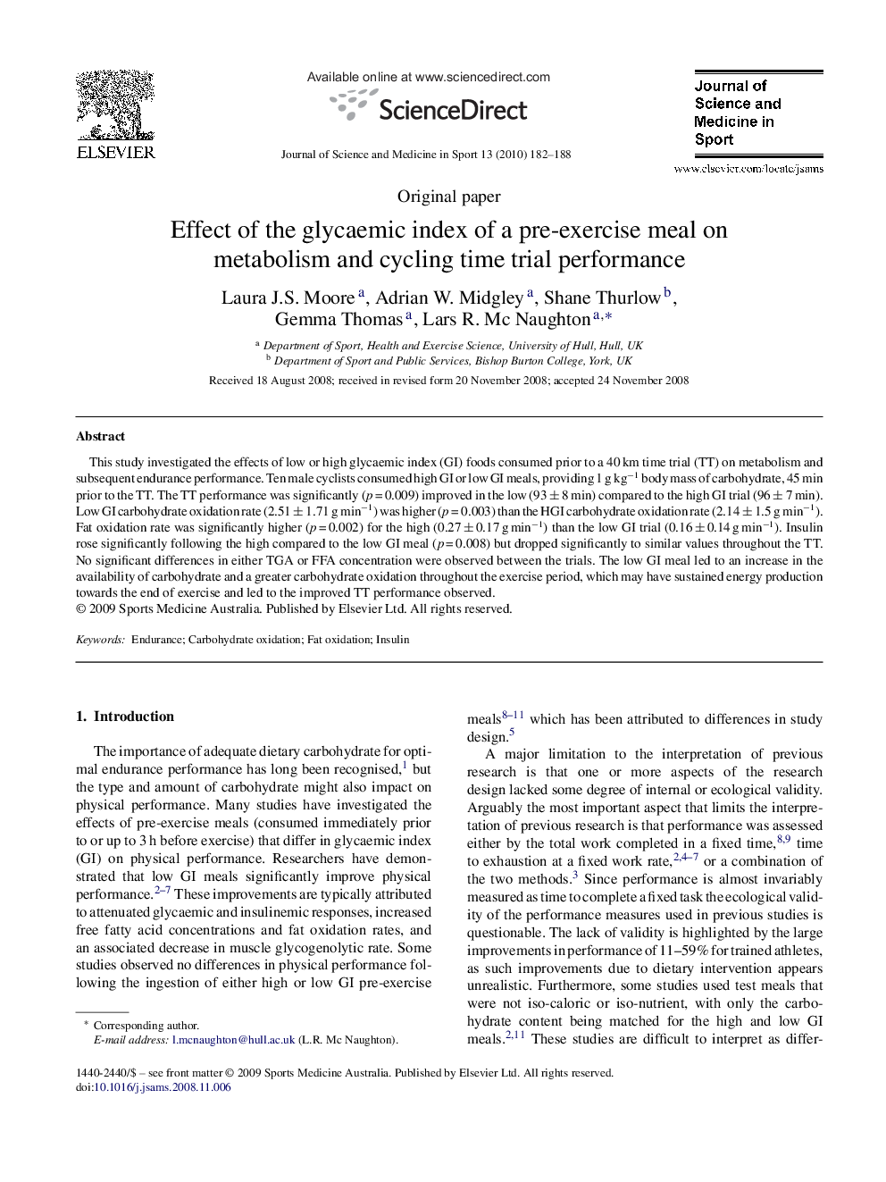 Effect of the glycaemic index of a pre-exercise meal on metabolism and cycling time trial performance