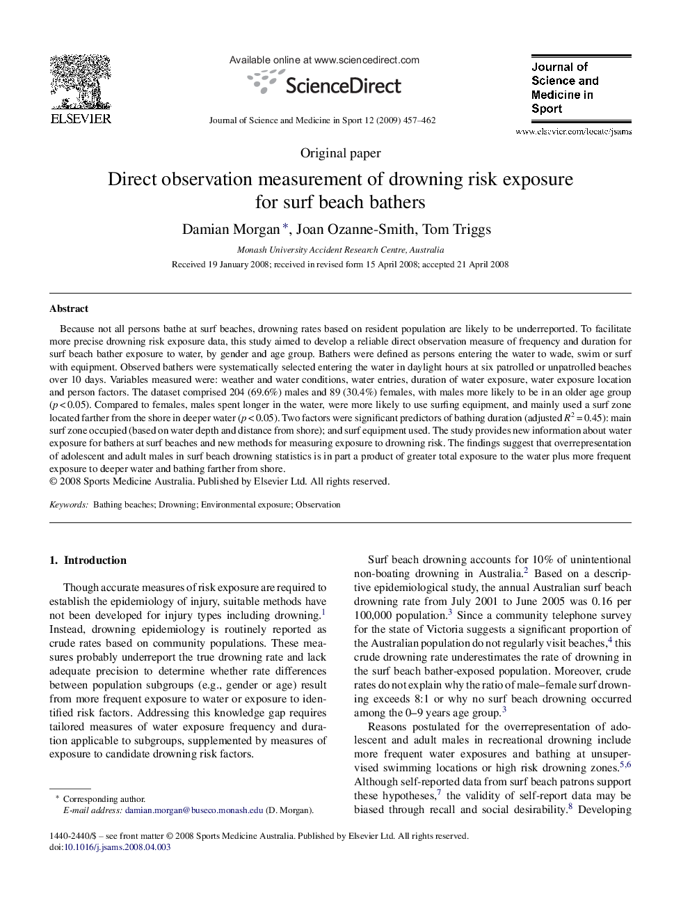 Direct observation measurement of drowning risk exposure for surf beach bathers