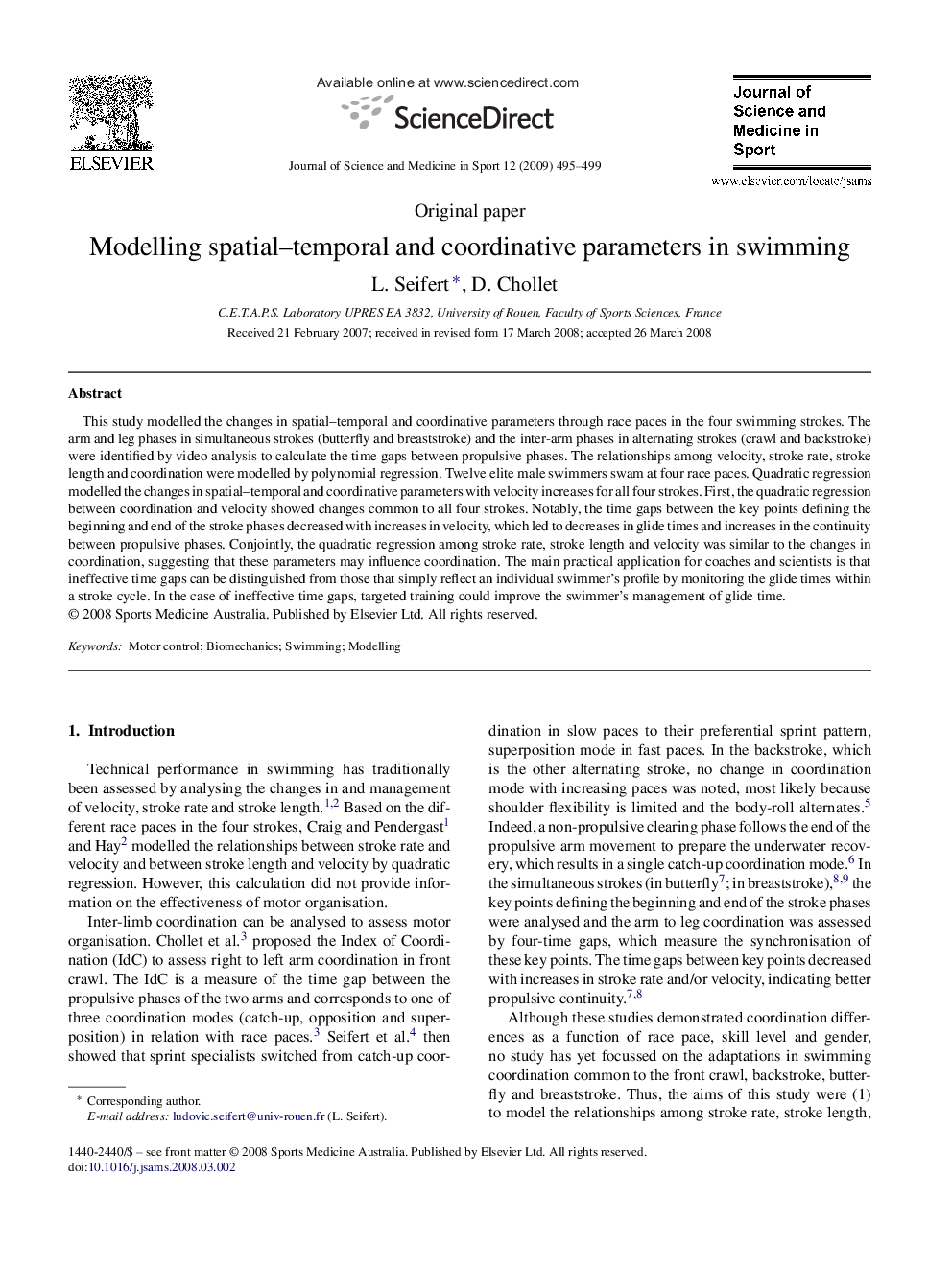 Modelling spatial–temporal and coordinative parameters in swimming