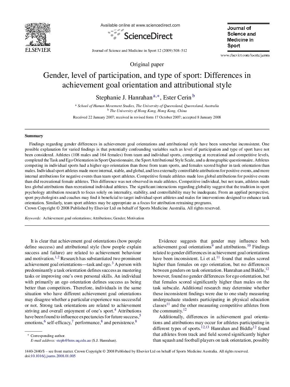 Gender, level of participation, and type of sport: Differences in achievement goal orientation and attributional style