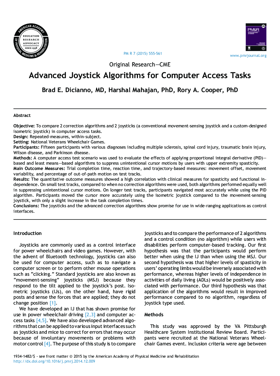 Advanced Joystick Algorithms for Computer Access Tasks 