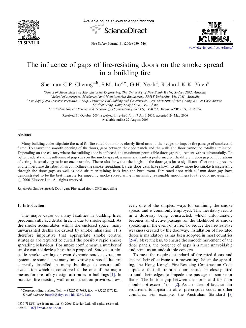 The influence of gaps of fire-resisting doors on the smoke spread in a building fire