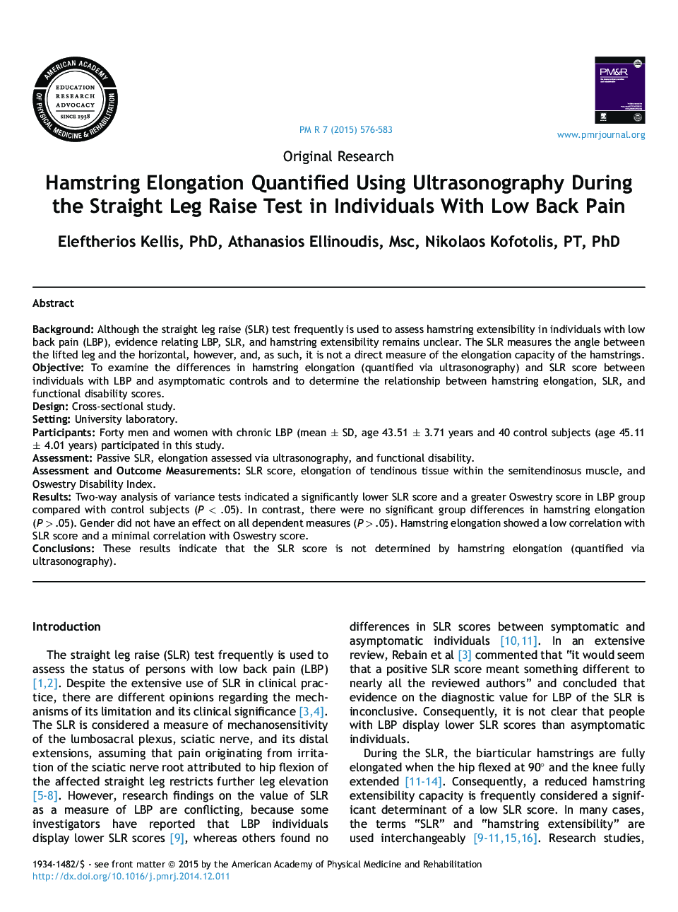 Hamstring Elongation Quantified Using Ultrasonography During the Straight Leg Raise Test in Individuals With Low Back Pain