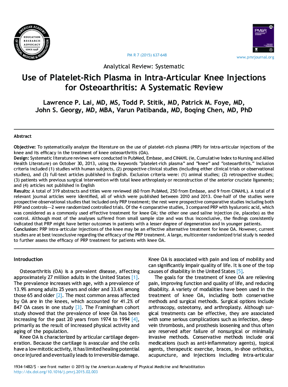 استفاده از پلاسما غنی از پلاکتی در تزریق داخل مفصلی زانو برای استئوآرتریت: بررسی سیستماتیک 