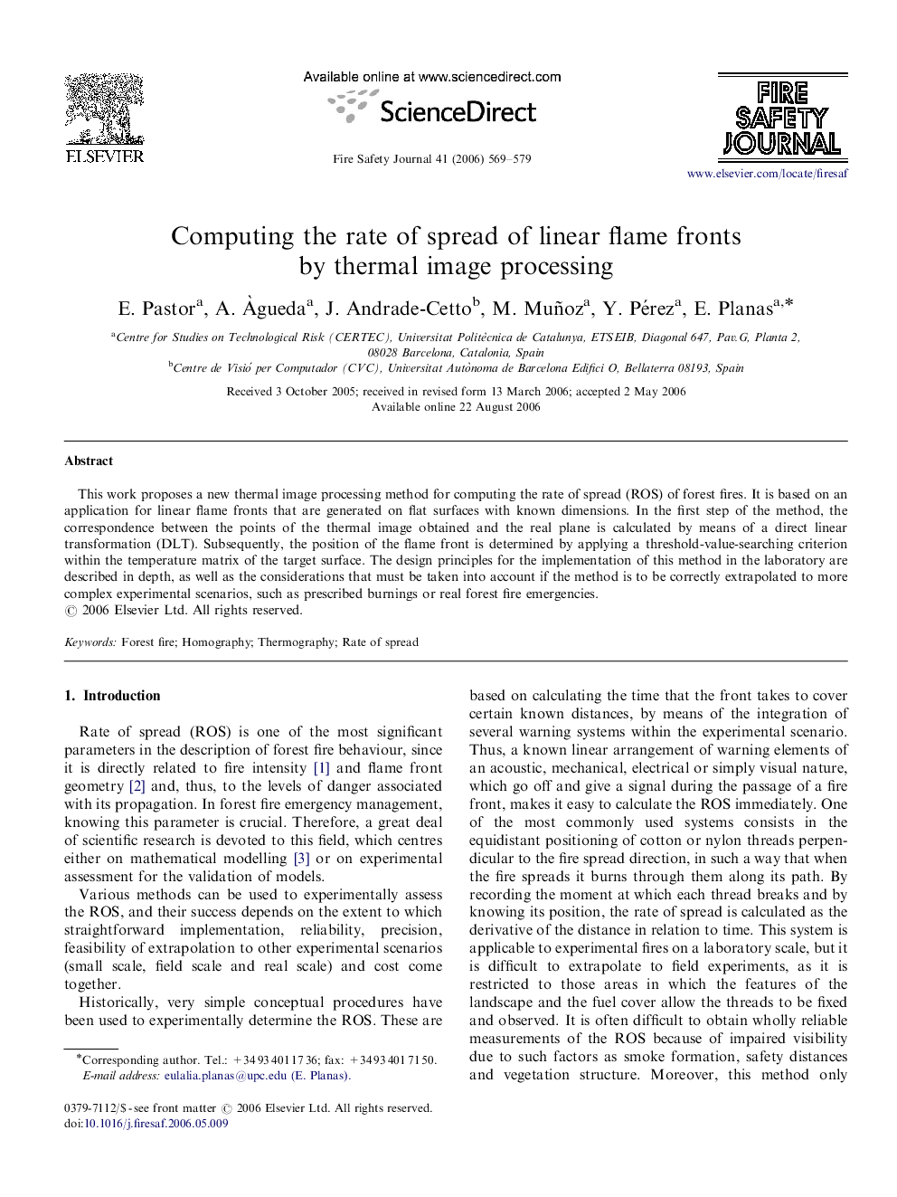 Computing the rate of spread of linear flame fronts by thermal image processing