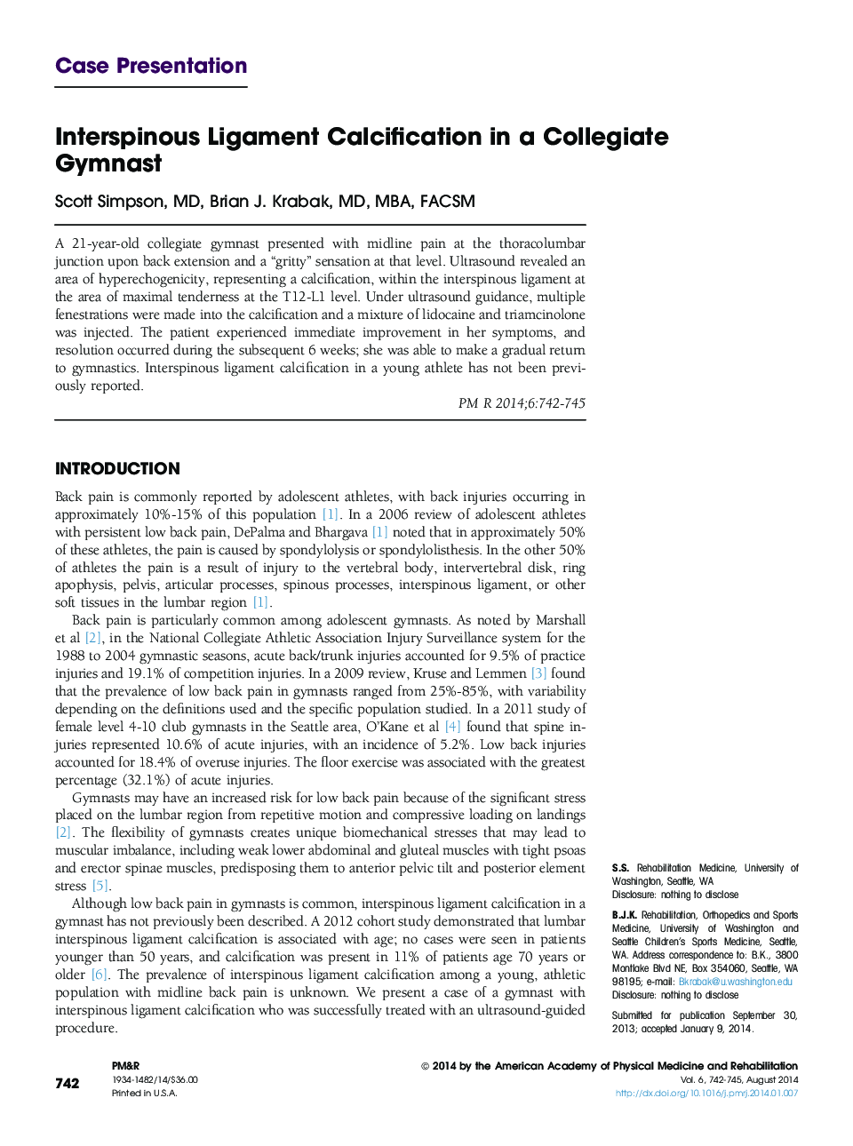 Interspinous Ligament Calcification in a Collegiate Gymnast