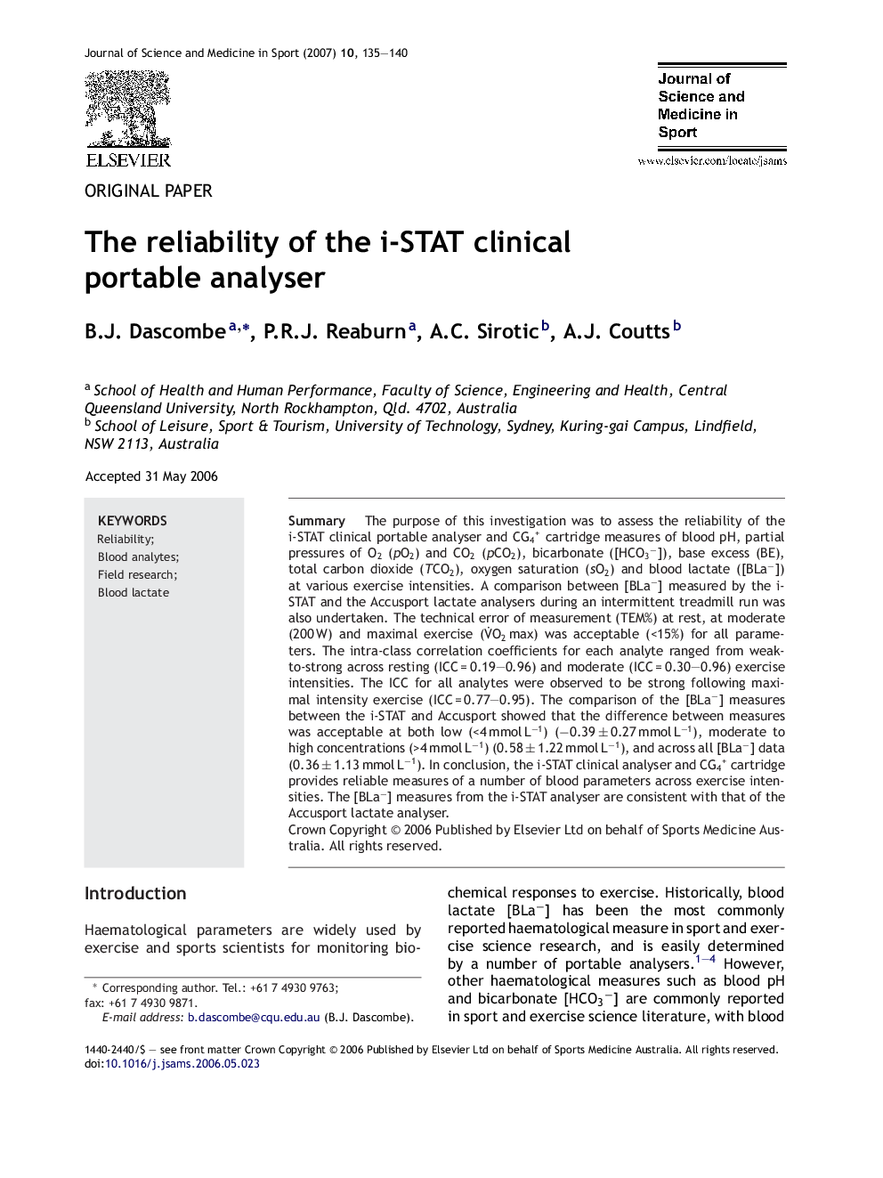 The reliability of the i-STAT clinical portable analyser