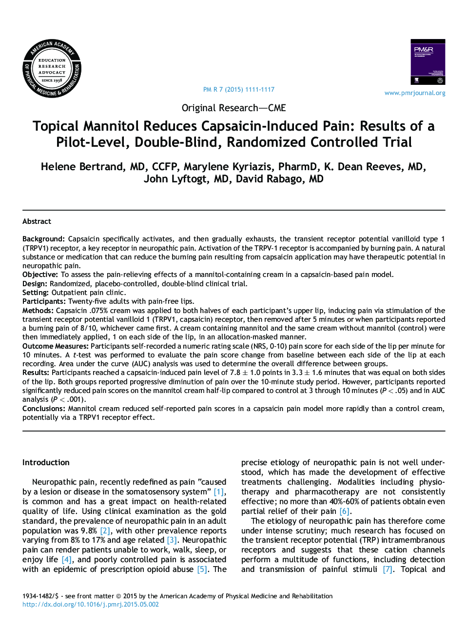 Topical Mannitol Reduces Capsaicin-Induced Pain: Results of a Pilot-Level, Double-Blind, Randomized Controlled Trial 