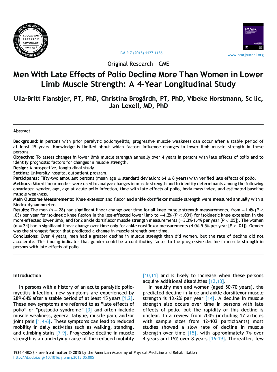 Men With Late Effects of Polio Decline More Than Women in Lower Limb Muscle Strength: A 4-Year Longitudinal Study 