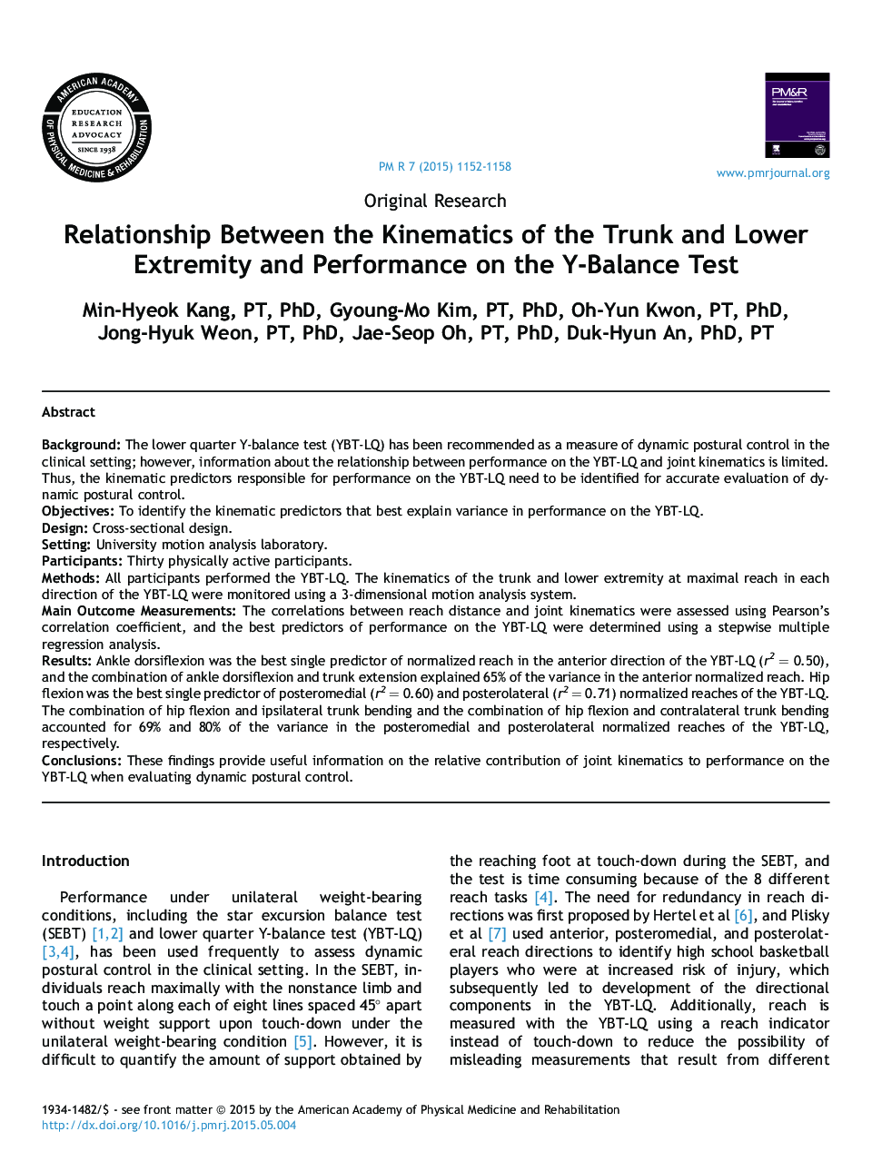 Relationship Between the Kinematics of the Trunk and Lower Extremity and Performance on the Y-Balance Test 