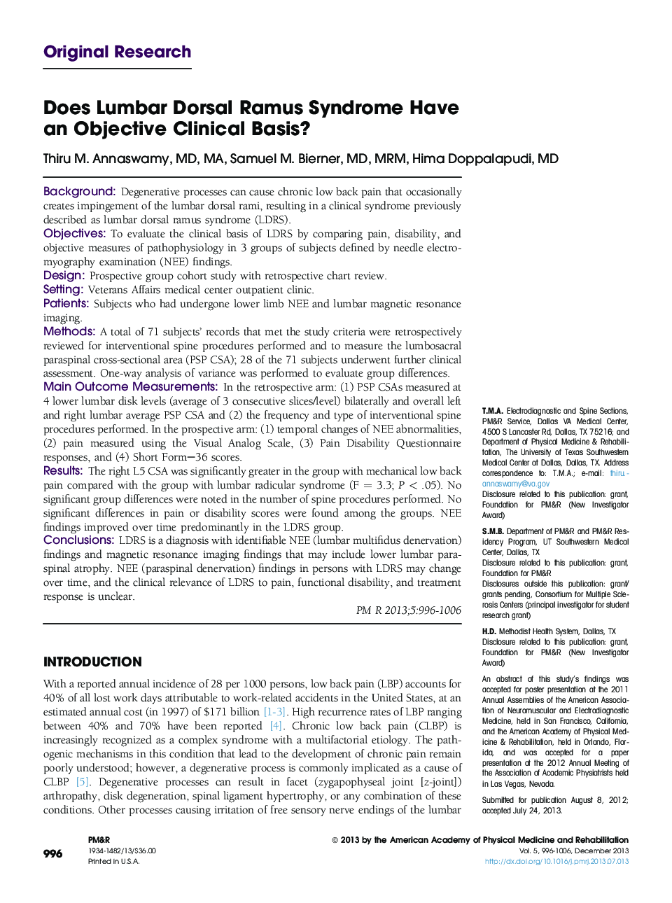 Does Lumbar Dorsal Ramus Syndrome Have an Objective Clinical Basis? 