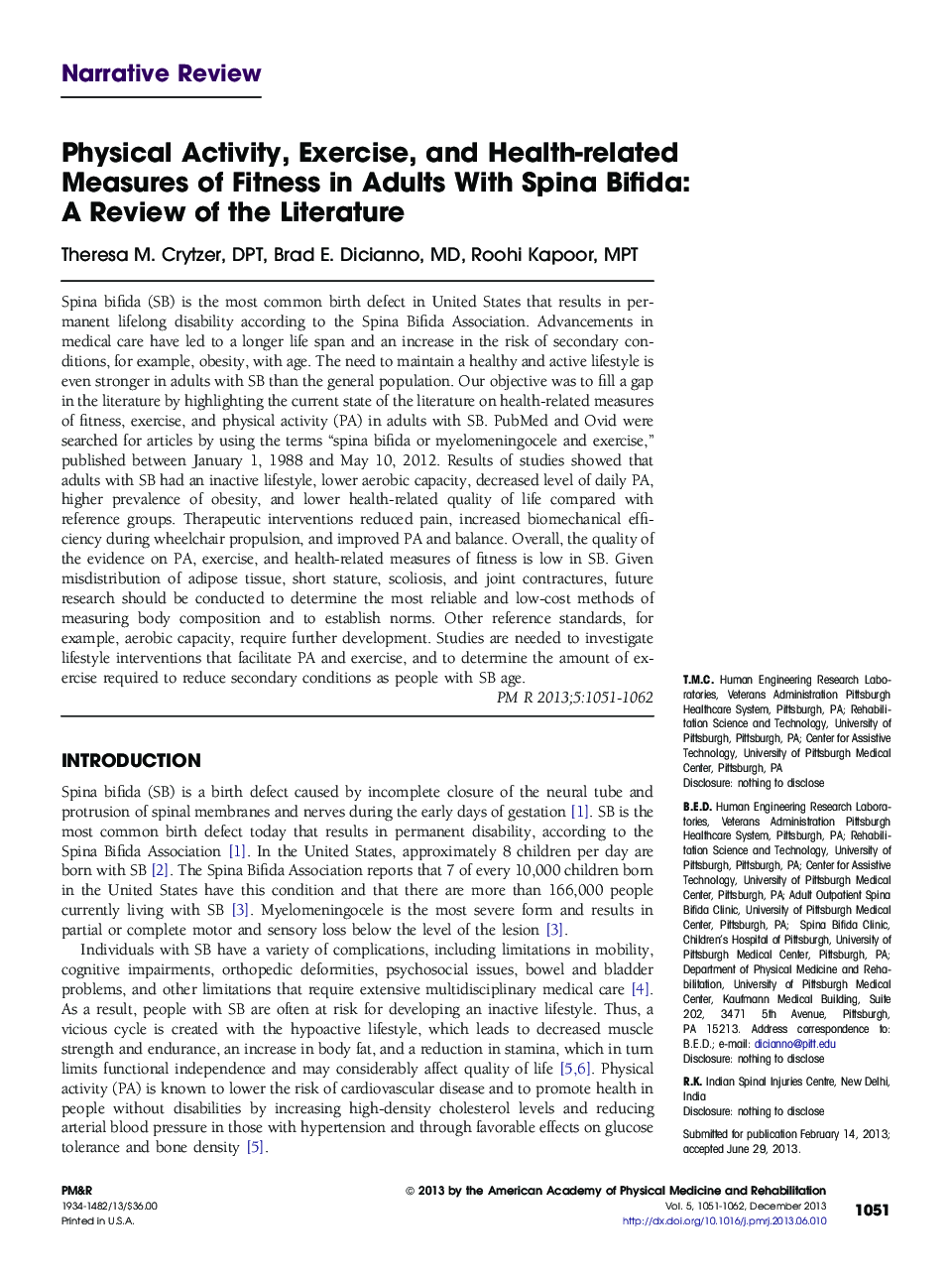 Physical Activity, Exercise, and Health-related Measures of Fitness in Adults With Spina Bifida: A Review of the Literature