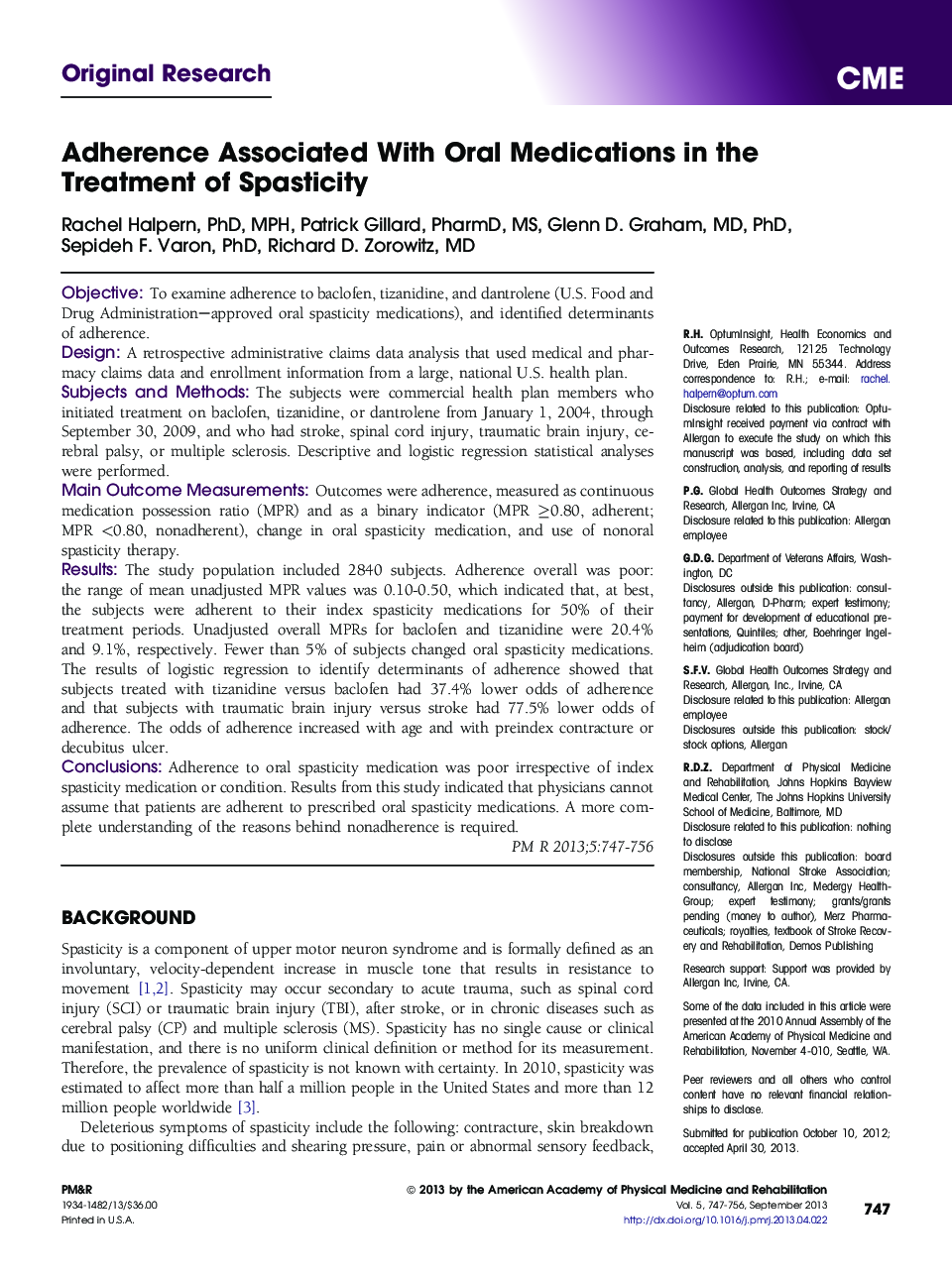 Adherence Associated With Oral Medications in the Treatment of Spasticity 