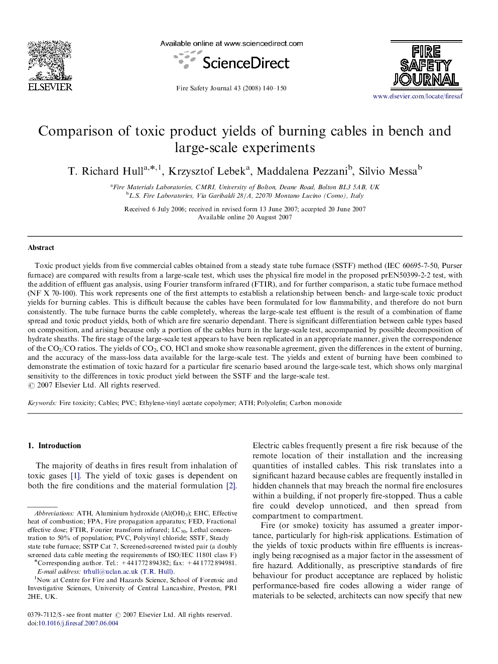 Comparison of toxic product yields of burning cables in bench and large-scale experiments