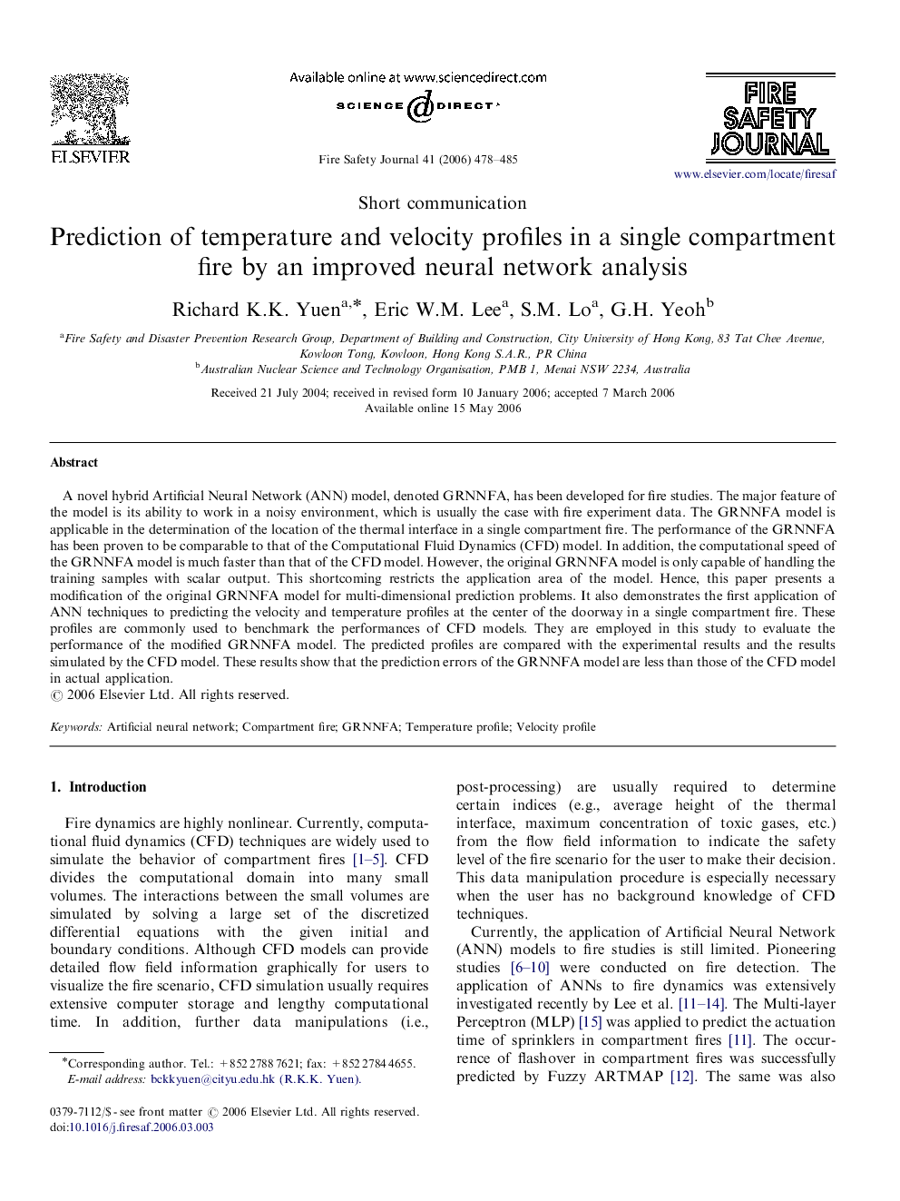 Prediction of temperature and velocity profiles in a single compartment fire by an improved neural network analysis