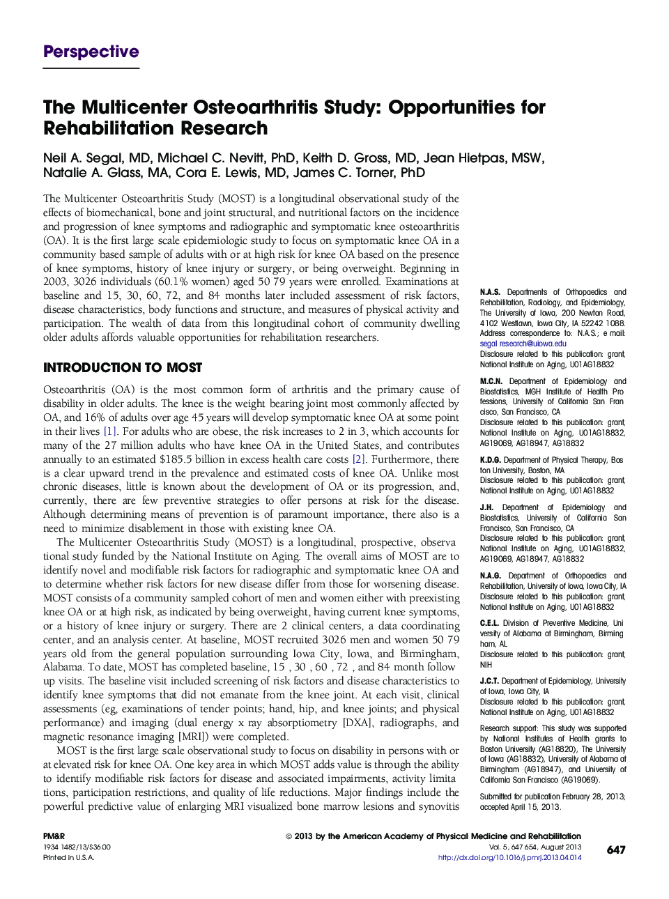 The Multicenter Osteoarthritis Study: Opportunities for Rehabilitation Research