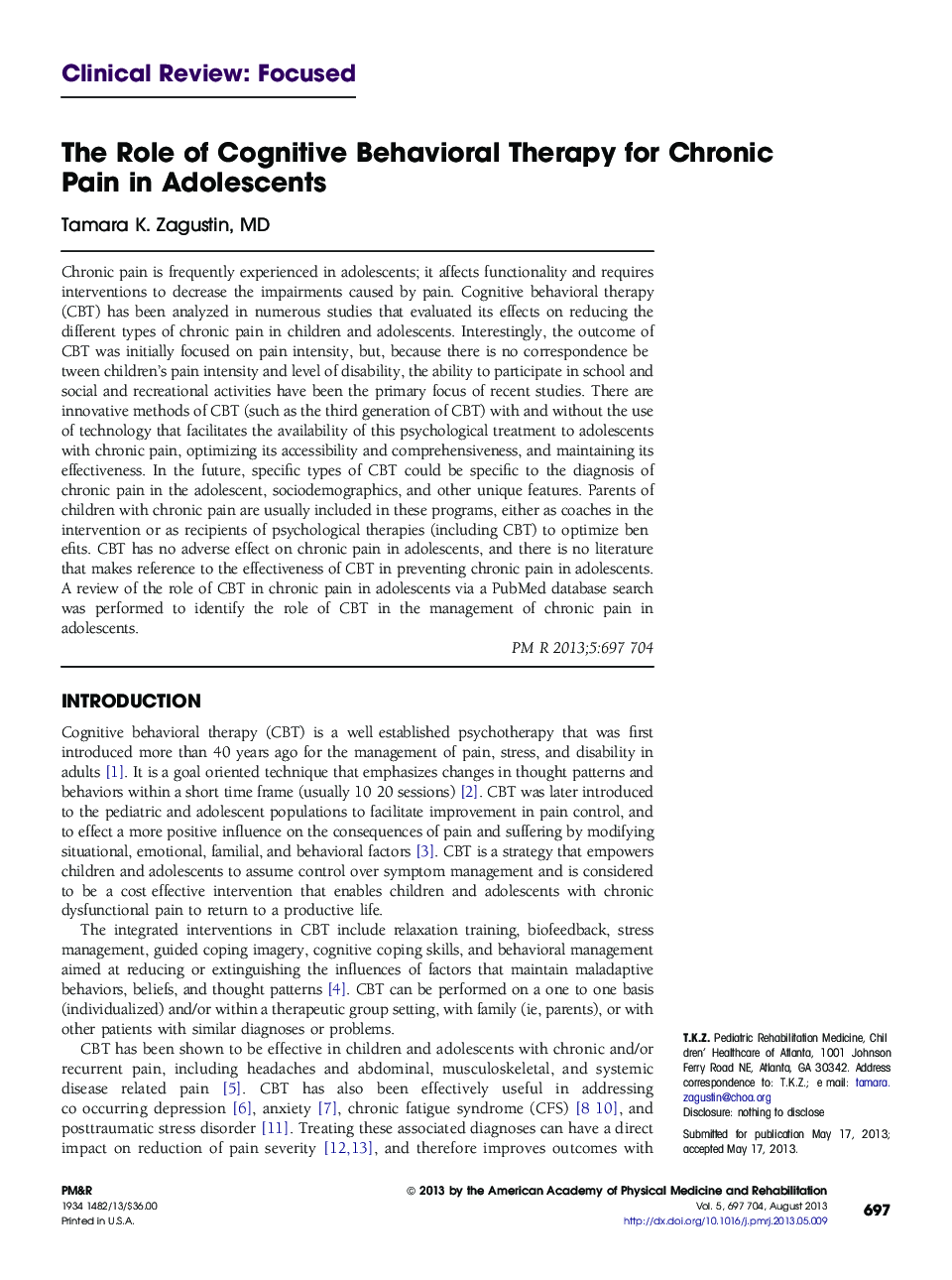 The Role of Cognitive Behavioral Therapy for Chronic Pain in Adolescents