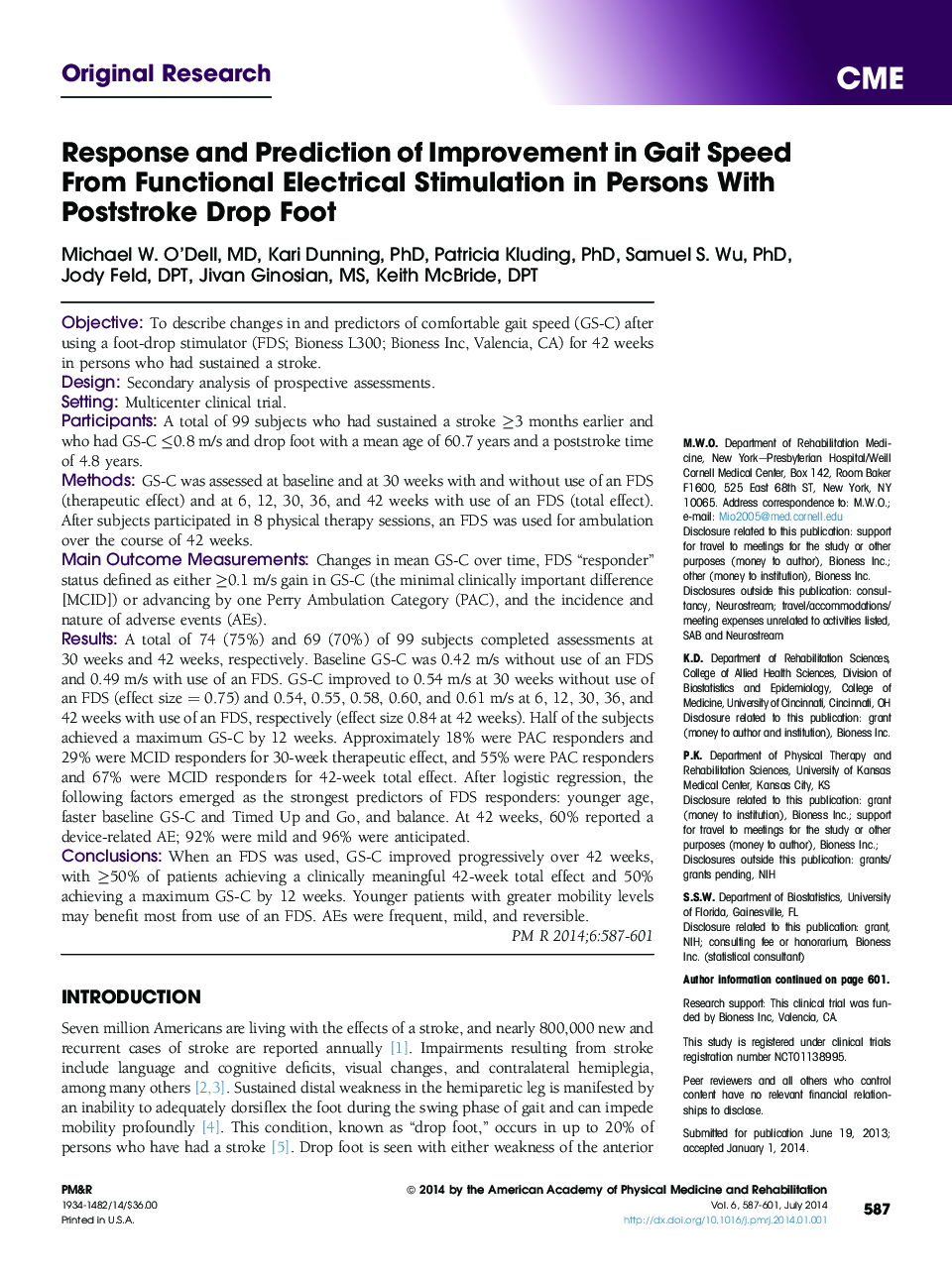 Response and Prediction of Improvement in Gait Speed From Functional Electrical Stimulation in Persons With Poststroke Drop Foot 