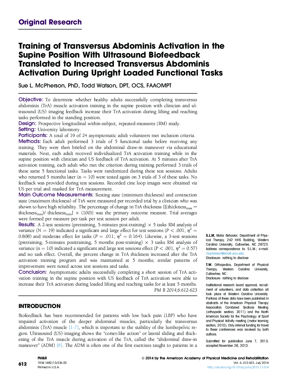 Training of Transversus Abdominis Activation in the Supine Position With Ultrasound Biofeedback Translated to Increased Transversus Abdominis Activation During Upright Loaded Functional Tasks 