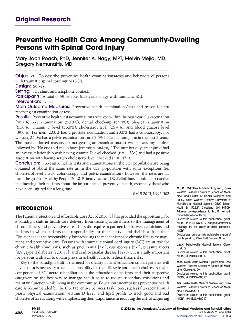 Preventive Health Care Among Community-Dwelling Persons with Spinal Cord Injury