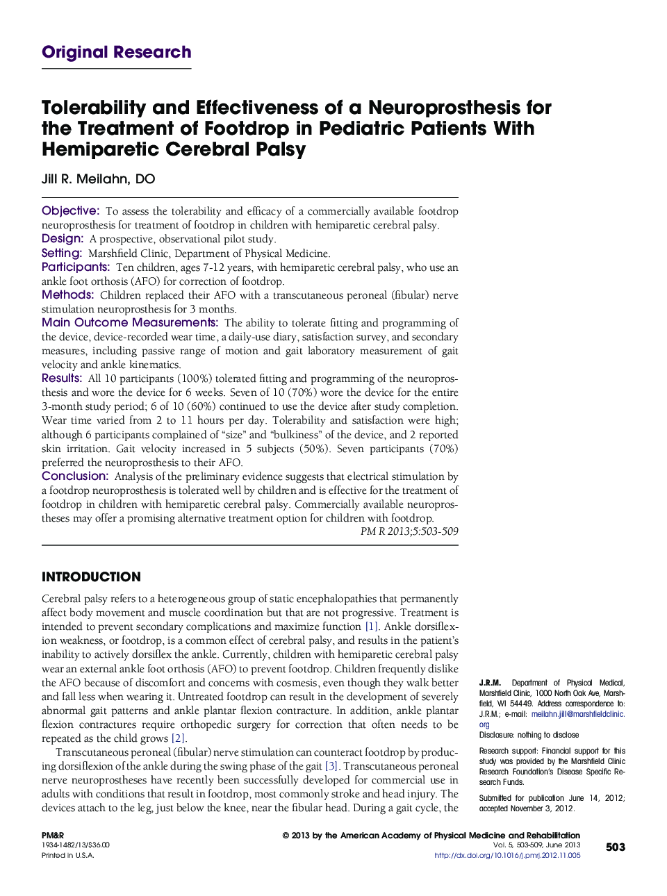 Tolerability and Effectiveness of a Neuroprosthesis for the Treatment of Footdrop in Pediatric Patients With Hemiparetic Cerebral Palsy 