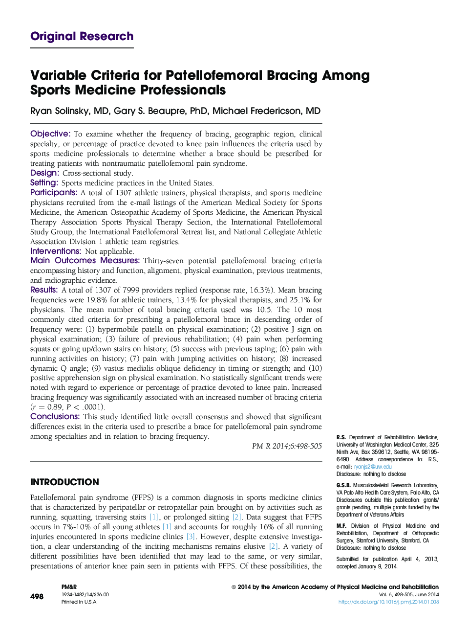 Variable Criteria for Patellofemoral Bracing Among Sports Medicine Professionals