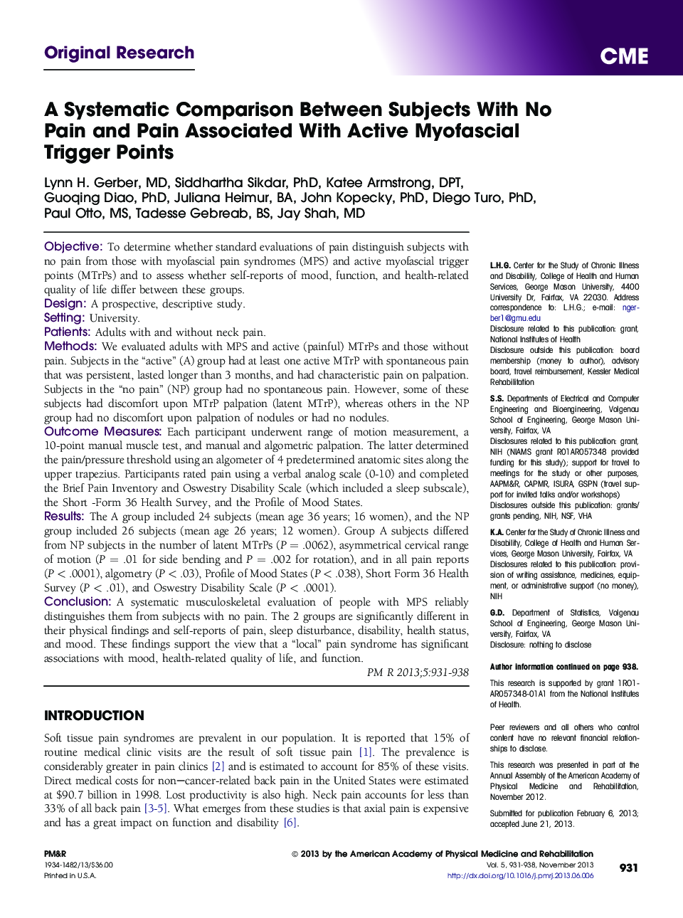 A Systematic Comparison Between Subjects With No Pain and Pain Associated With Active Myofascial Trigger Points 