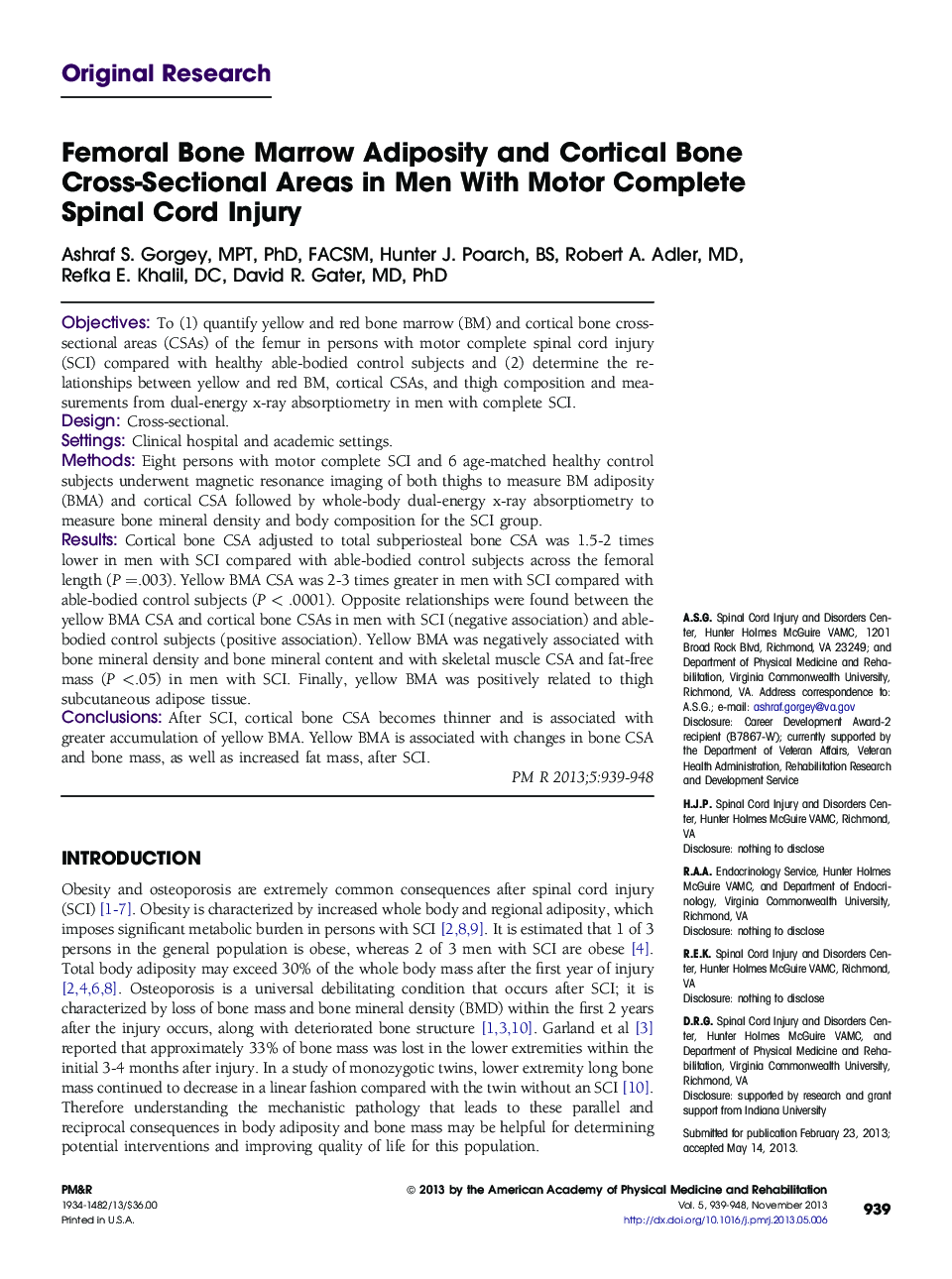 Femoral Bone Marrow Adiposity and Cortical Bone Cross-Sectional Areas in Men With Motor Complete Spinal Cord Injury