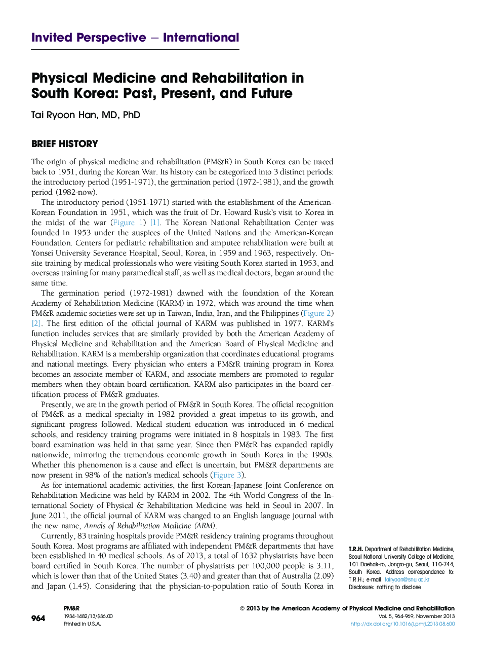 Physical Medicine and Rehabilitation in South Korea: Past, Present, and Future