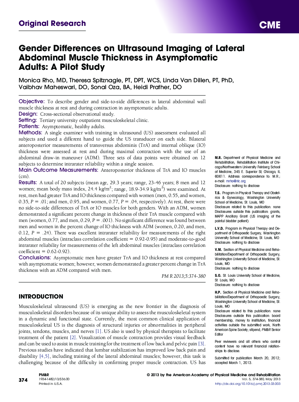 Gender Differences on Ultrasound Imaging of Lateral Abdominal Muscle Thickness in Asymptomatic Adults: A Pilot Study 