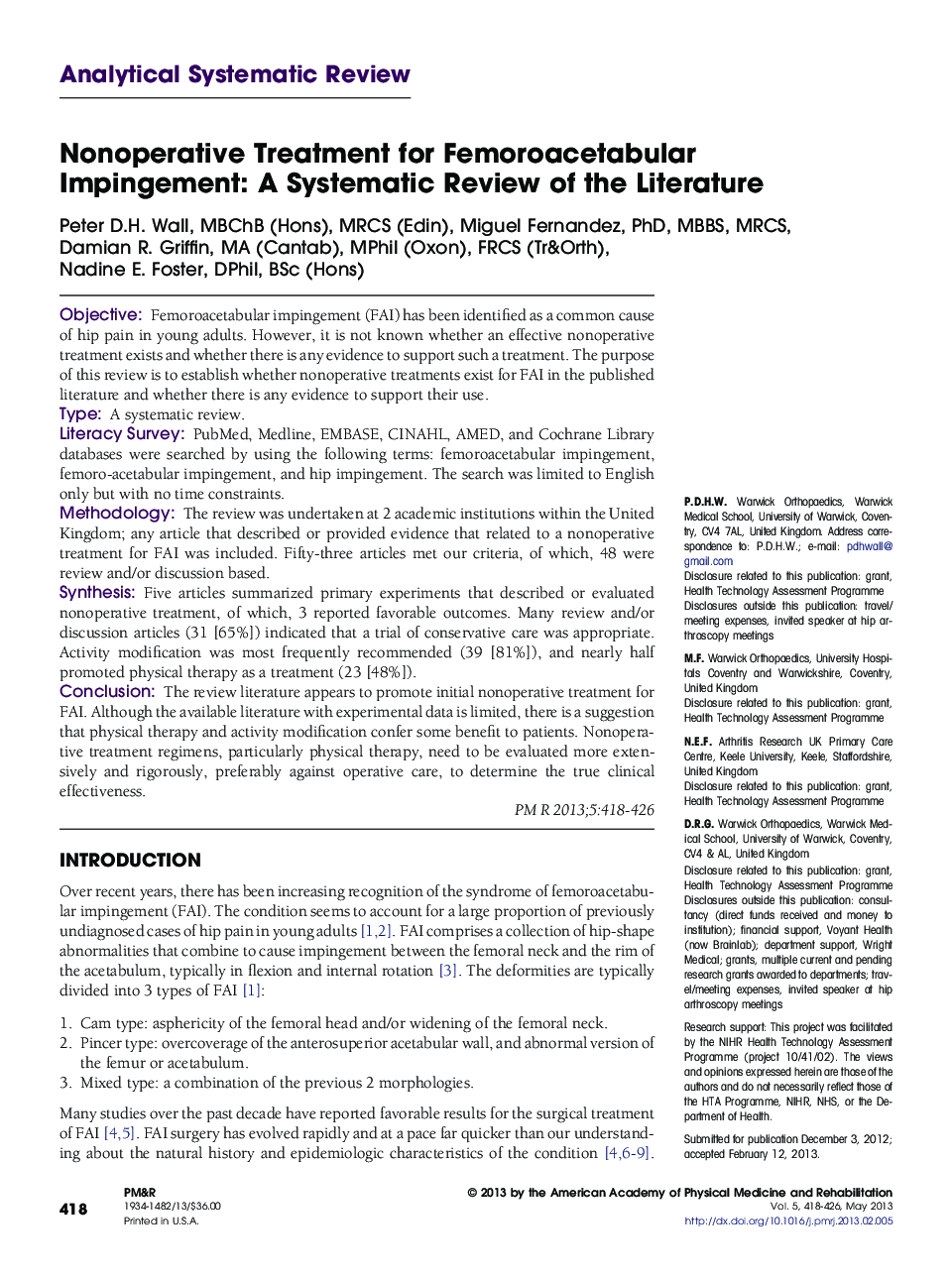 Nonoperative Treatment for Femoroacetabular Impingement: A Systematic Review of the Literature 