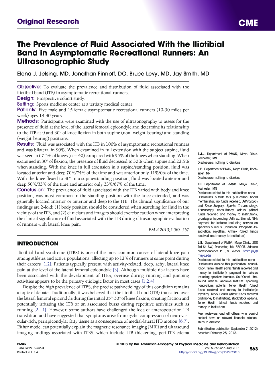 The Prevalence of Fluid Associated With the Iliotibial Band in Asymptomatic Recreational Runners: An Ultrasonographic Study 