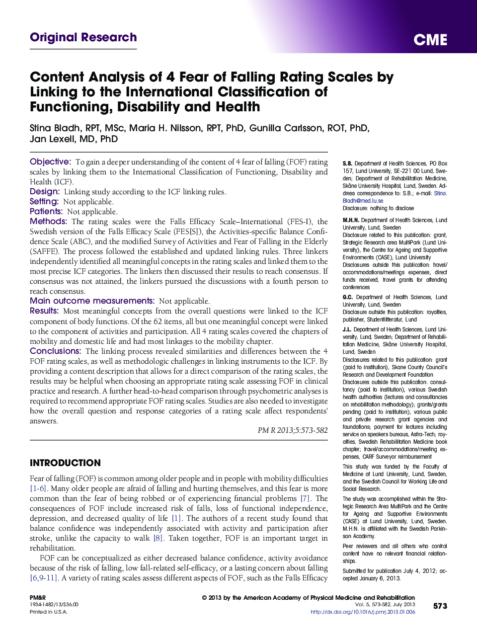 Content Analysis of 4 Fear of Falling Rating Scales by Linking to the International Classification of Functioning, Disability and Health